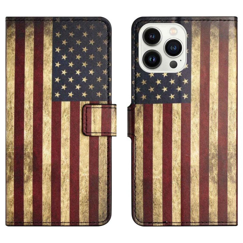 Læder Cover iPhone 14 Pro Vintage Amerikansk Flag