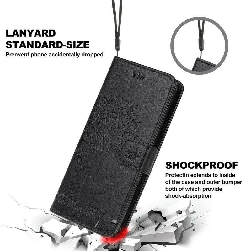 Flip Cover Xiaomi Mi 10T / 10T Pro Med Snor Træ Og Strappy Ugler