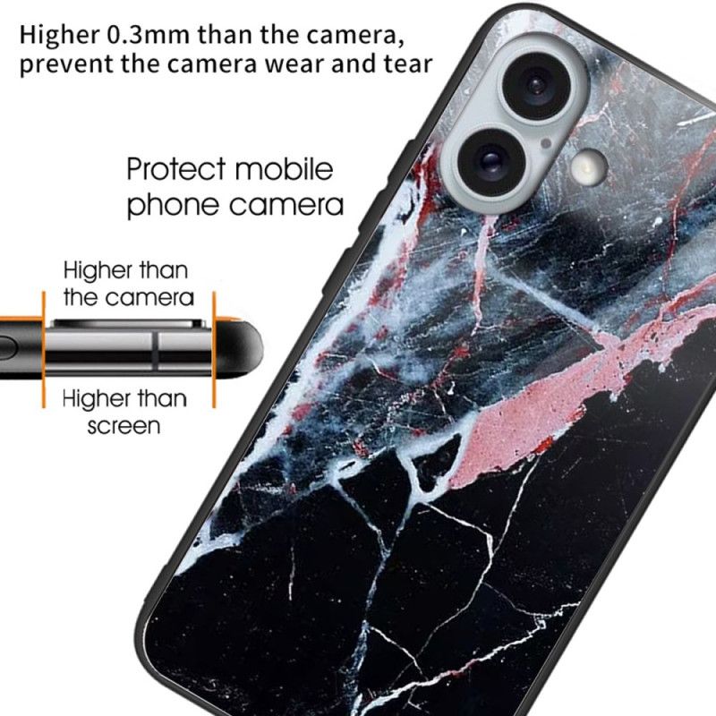 Cover iPhone 16 Plus Sort Marmor Hærdet Glas