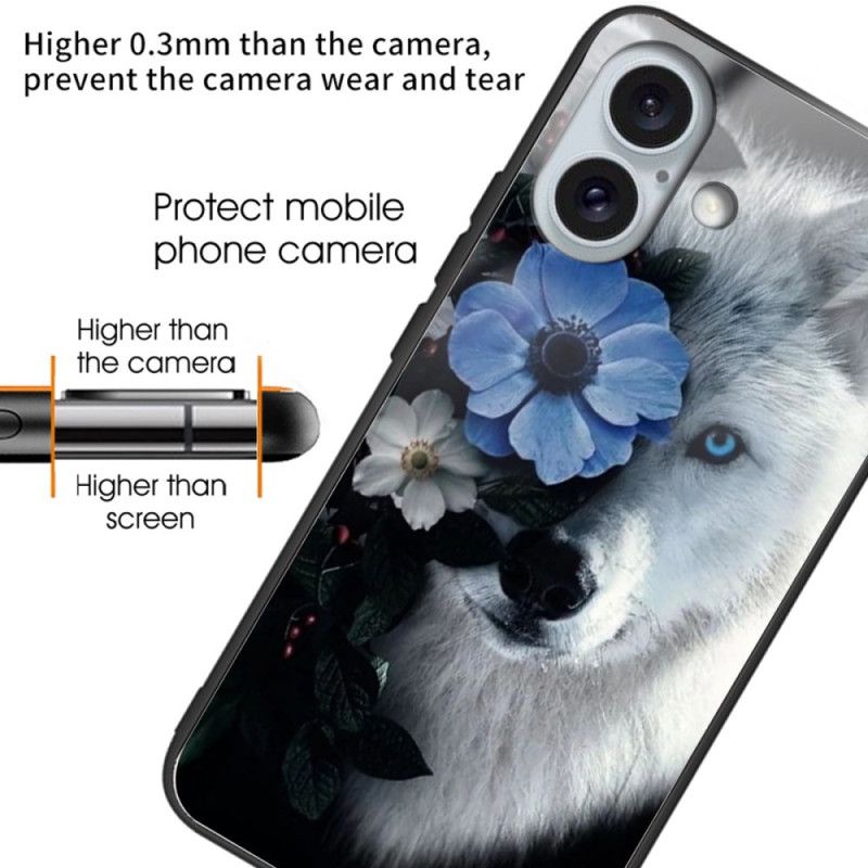 Cover iPhone 16 Plus Ulv Og Blå Blomst Hærdet Glas