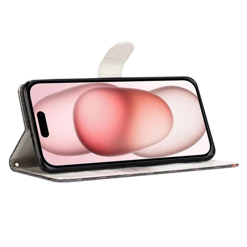 Læder Cover iPhone 16 Plus Telefon Etui Pink Og Blå Marmor Med Rem