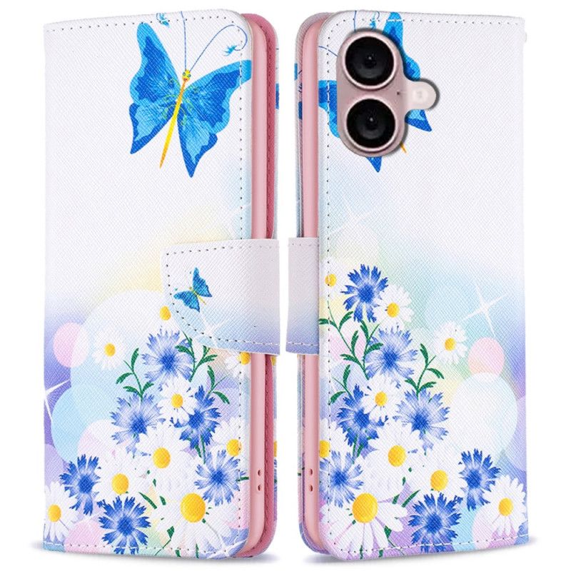 Læder Cover iPhone 16 Plus Telefon Etui Sommerfugle Og Blomstermønster