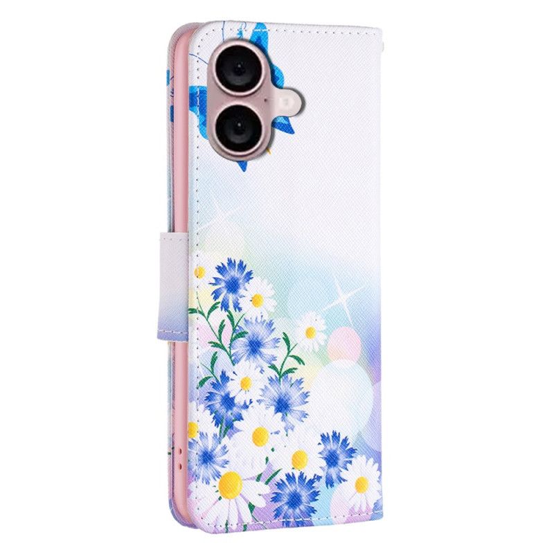 Læder Cover iPhone 16 Plus Telefon Etui Sommerfugle Og Blomstermønster