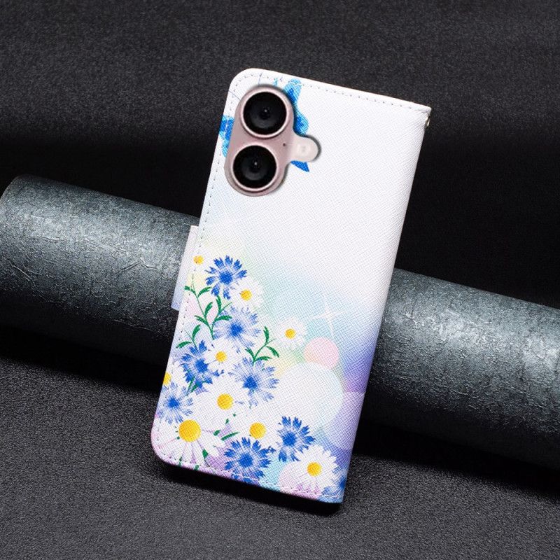 Læder Cover iPhone 16 Plus Telefon Etui Sommerfugle Og Blomstermønster