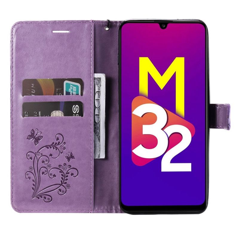 Flip Cover Samsung Galaxy M32 Med Snor Kæmpe Strappy Sommerfugle