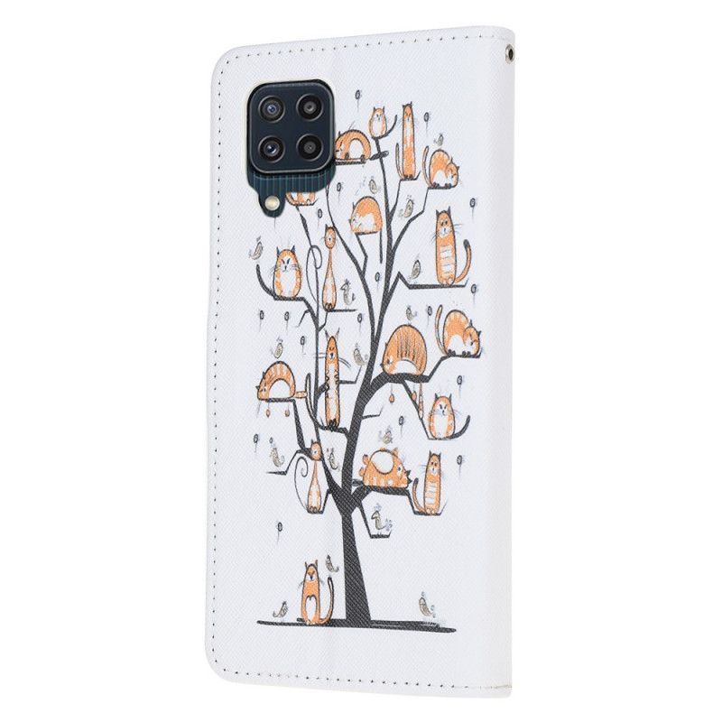 Læder Cover Samsung Galaxy M32 Med Snor Funky Katte Med Rem