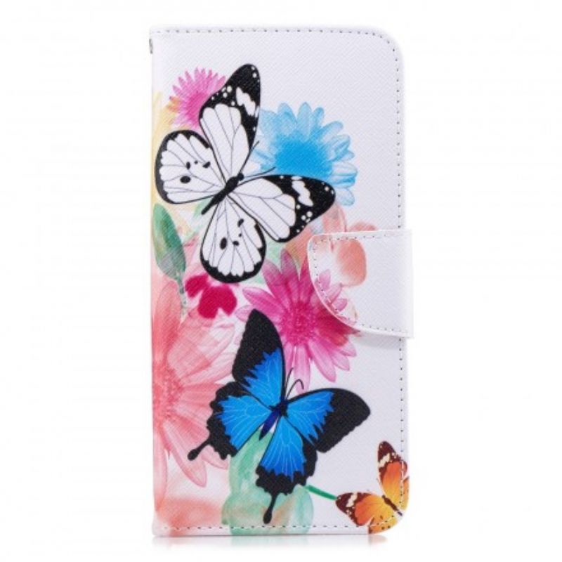 Læder Cover Samsung Galaxy J4 Plus Malede Sommerfugle Og Blomster