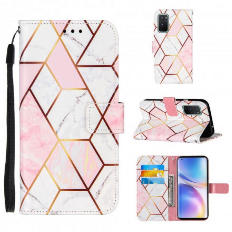 Flip Cover OnePlus 9 Med Snor Geometrisk Remmarmor