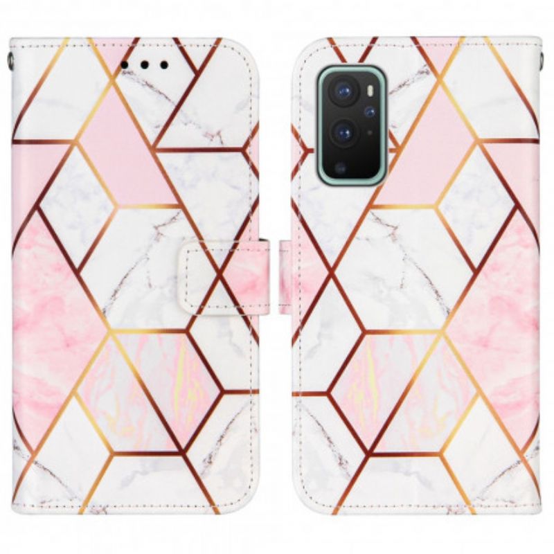 Flip Cover OnePlus 9 Med Snor Geometrisk Remmarmor