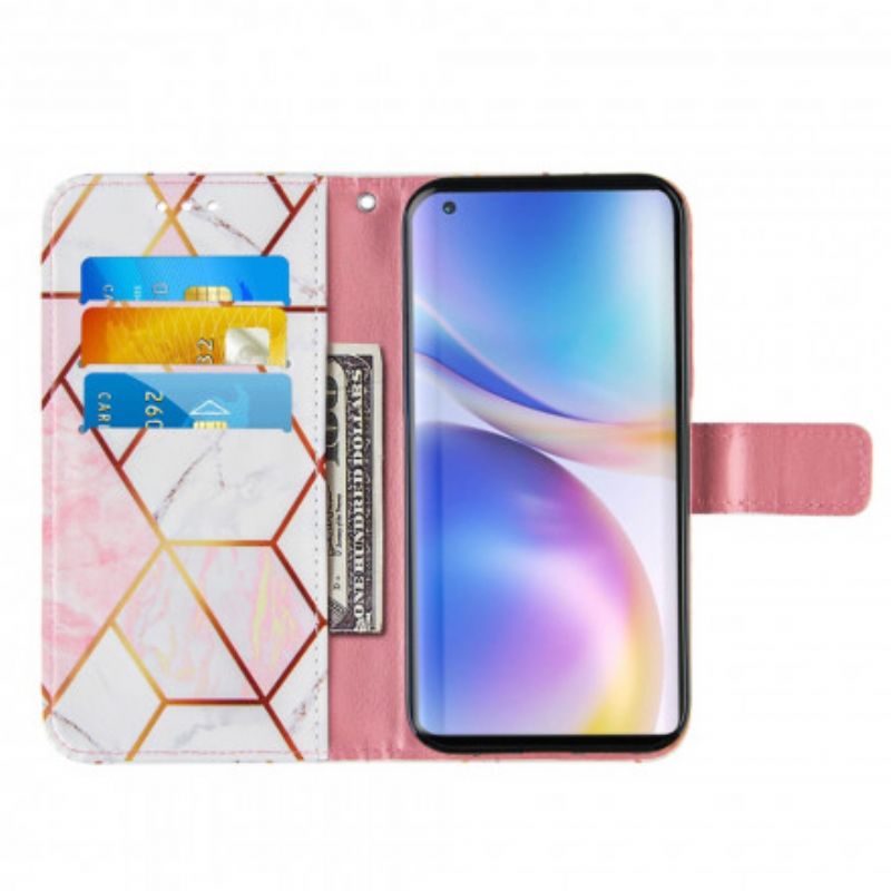 Flip Cover OnePlus 9 Med Snor Geometrisk Remmarmor