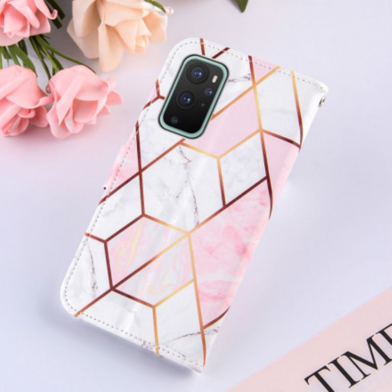 Flip Cover OnePlus 9 Med Snor Geometrisk Remmarmor