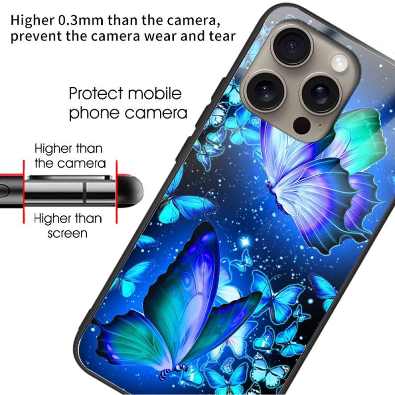 Cover iPhone 16 Pro Blå Sommerfugle Af Hærdet Glas