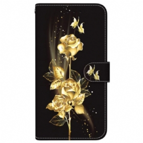 Flip Cover iPhone 16 Pro Guld Og Rosa Sommerfugle Med Rem