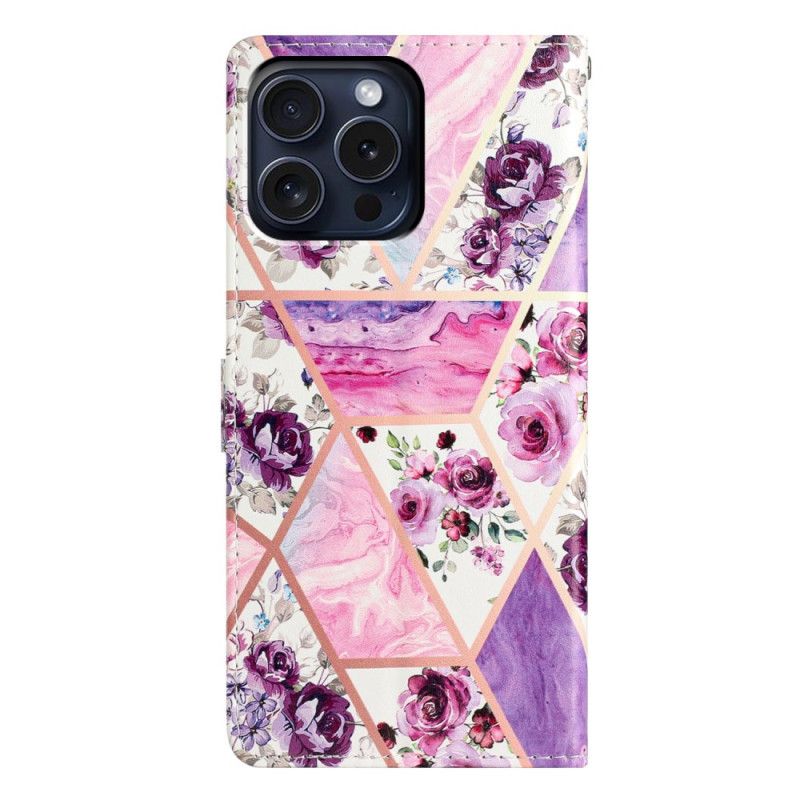 Flip Cover iPhone 16 Pro Lilla Blomster Med Rem