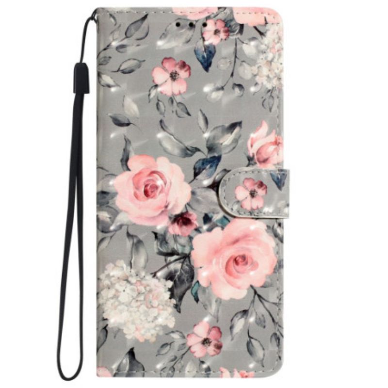 Flip Cover iPhone 16 Pro Lyserøde Blomster På Grå Baggrund Med Rem