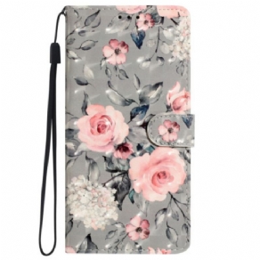 Flip Cover iPhone 16 Pro Lyserøde Blomster På Grå Baggrund Med Rem