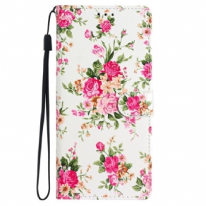 Flip Cover iPhone 16 Pro Røde Blomster Med Rem