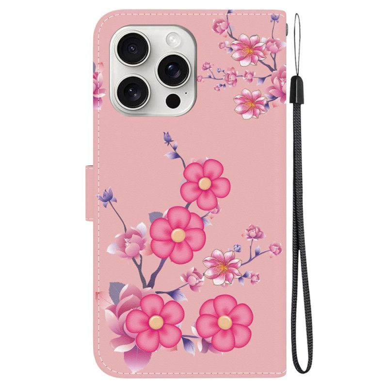 Læder Cover iPhone 16 Pro Telefon Etui Sakura Mønster Med Rem