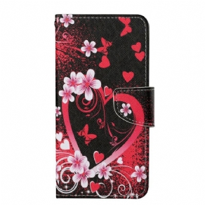 Flip Cover iPhone 13 Pro Blomster Og Hjerter Med Snor