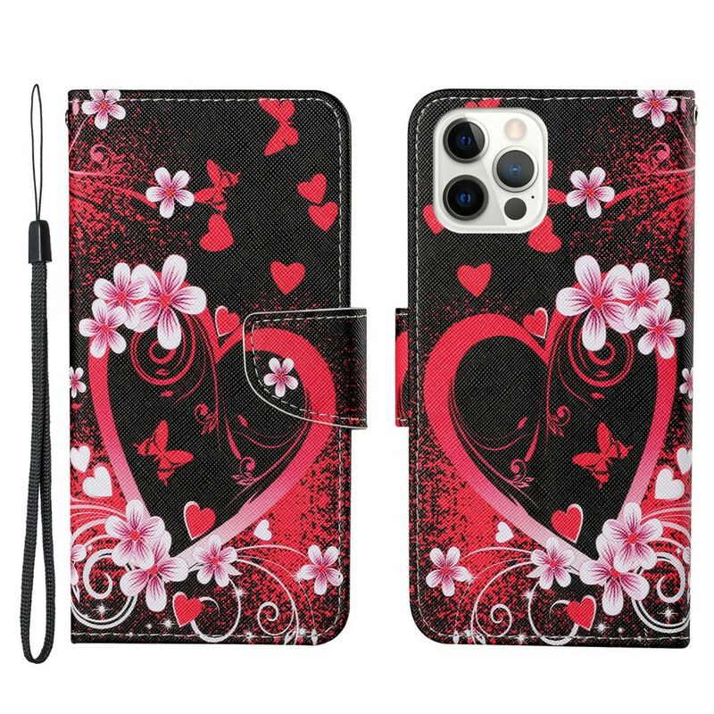 Flip Cover iPhone 13 Pro Blomster Og Hjerter Med Snor