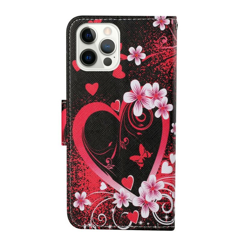 Flip Cover iPhone 13 Pro Blomster Og Hjerter Med Snor