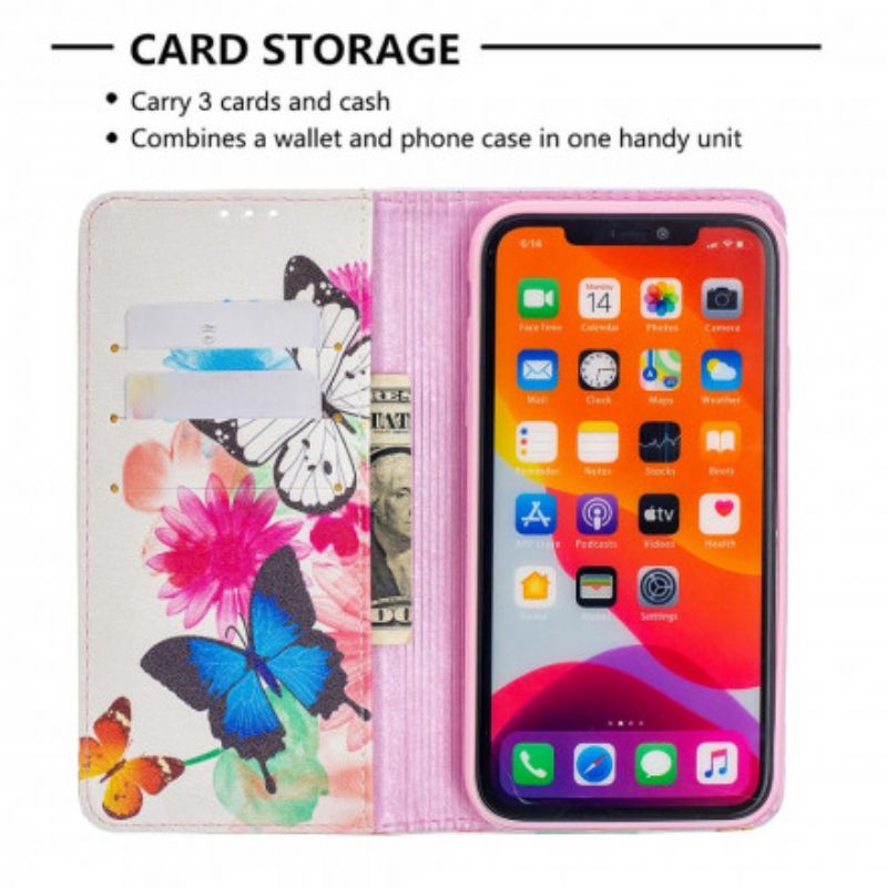 Cover iPhone 11 Flip Cover Farverige Sommerfugle