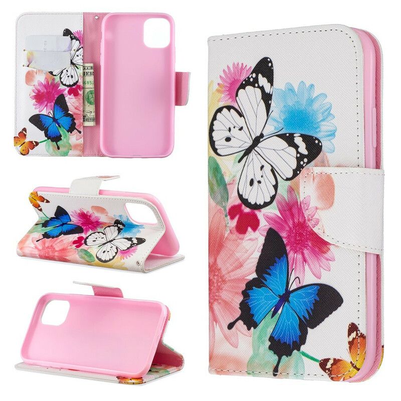 Flip Cover iPhone 11 Malede Sommerfugle Og Blomster