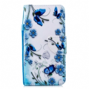 Læder Cover iPhone 11 Med Snor Blå Strop Sommerfugle Og Blomster