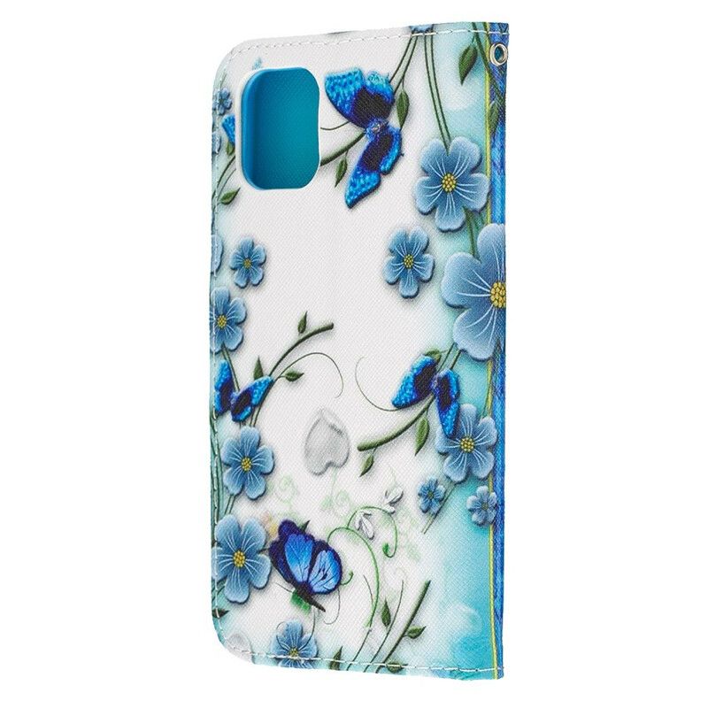 Læder Cover iPhone 11 Med Snor Blå Strop Sommerfugle Og Blomster