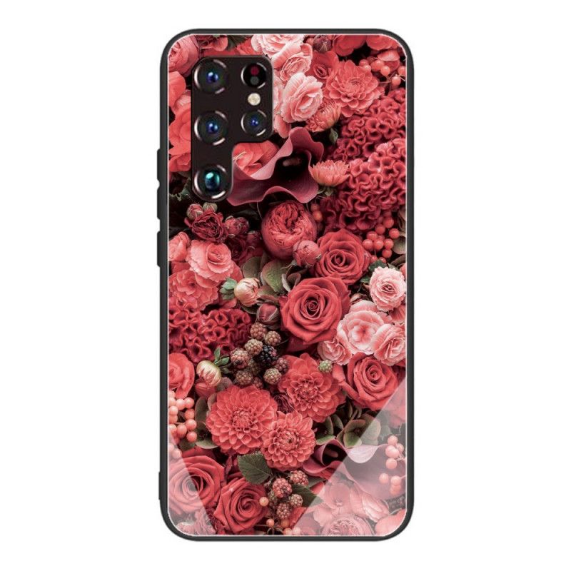 Cover Samsung Galaxy S22 Ultra 5G Hærdet Glas Lyserøde Blomster