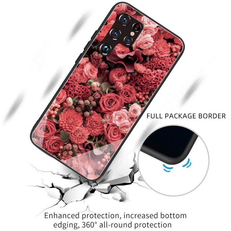 Cover Samsung Galaxy S22 Ultra 5G Hærdet Glas Lyserøde Blomster