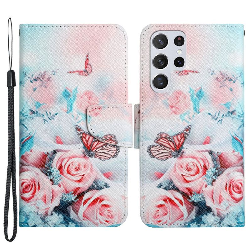 Flip Cover Samsung Galaxy S22 Ultra 5G Buket Blomster Og Sommerfugle