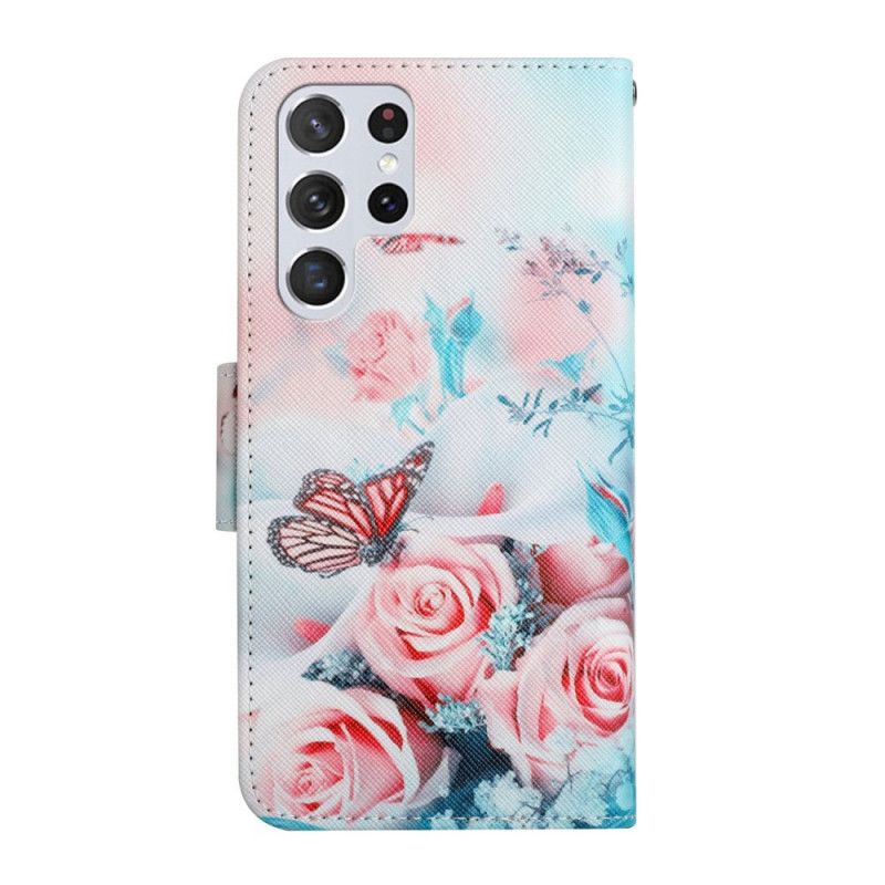 Flip Cover Samsung Galaxy S22 Ultra 5G Buket Blomster Og Sommerfugle