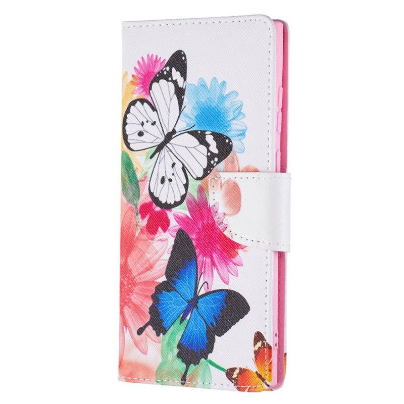 Flip Cover Samsung Galaxy S22 Ultra 5G Malede Sommerfugle Og Blomster