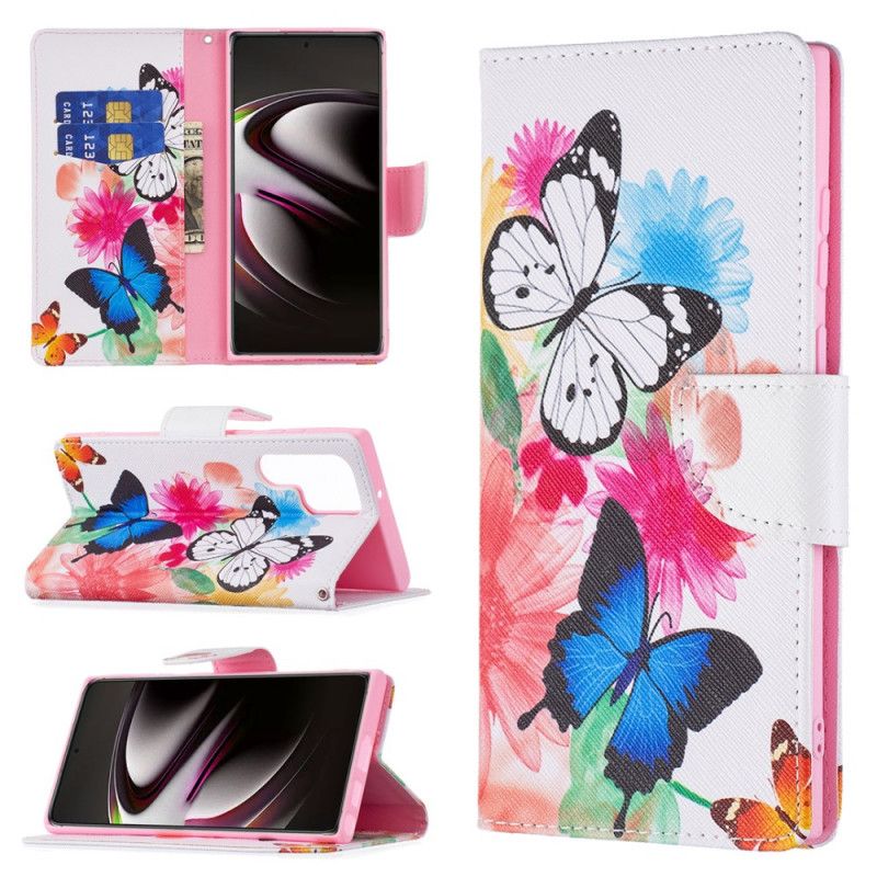 Flip Cover Samsung Galaxy S22 Ultra 5G Malede Sommerfugle Og Blomster