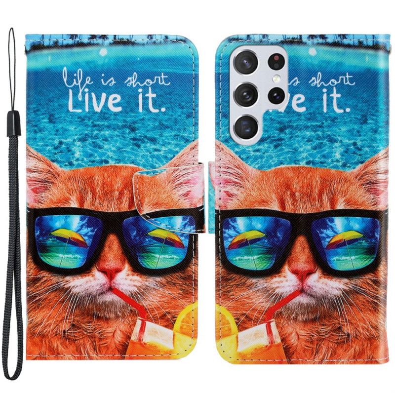 Flip Cover Samsung Galaxy S22 Ultra 5G Med Snor Cat Live It Strappy