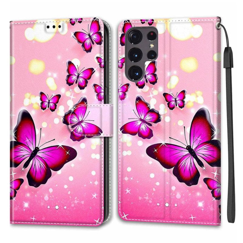 Flip Cover Samsung Galaxy S22 Ultra 5G Med Snor Thong Butterflies Fan