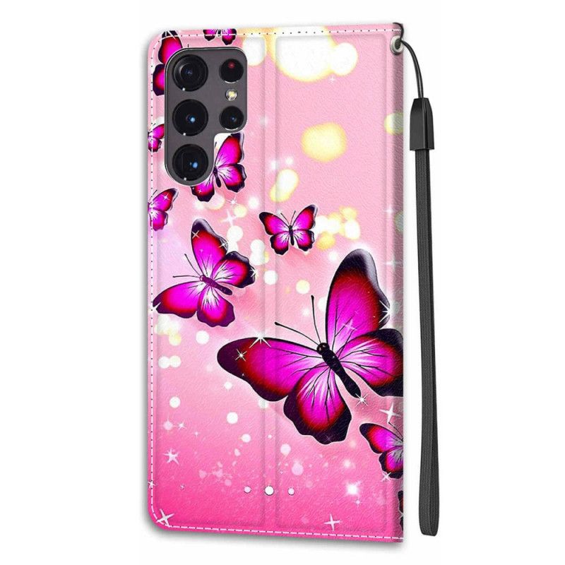 Flip Cover Samsung Galaxy S22 Ultra 5G Med Snor Thong Butterflies Fan