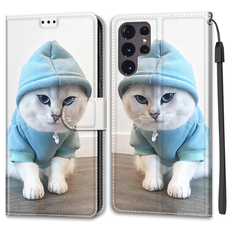 Flip Cover Samsung Galaxy S22 Ultra 5G Med Snor Thong Cat Fan