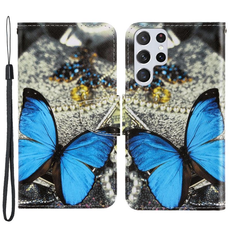 Flip Cover Samsung Galaxy S22 Ultra 5G Med Snor Variationer Af Sommerfuglestrop