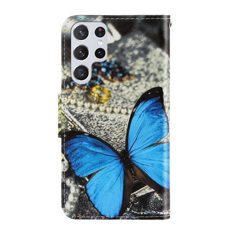 Flip Cover Samsung Galaxy S22 Ultra 5G Med Snor Variationer Af Sommerfuglestrop