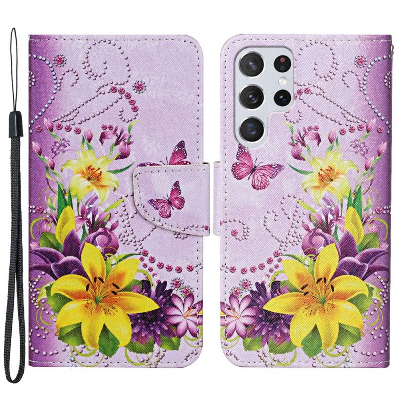 Flip Cover Samsung Galaxy S22 Ultra 5G Mestrede Blomster Med Rem