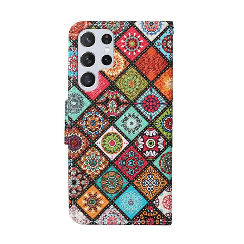 Flip Cover Samsung Galaxy S22 Ultra 5G Patchwork Mandalaer Med Snor