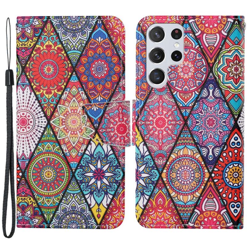 Flip Cover Samsung Galaxy S22 Ultra 5G Patchwork Med Snor