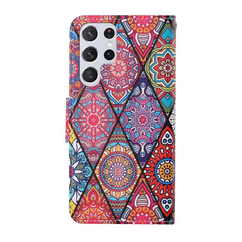 Flip Cover Samsung Galaxy S22 Ultra 5G Patchwork Med Snor