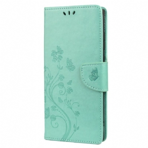 Flip Cover Samsung Galaxy S22 Ultra 5G Sommerfugle Og Blomster Med Snor