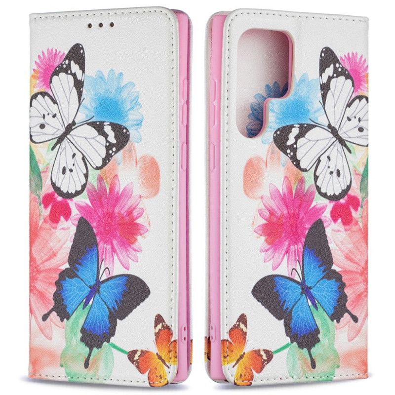 Læder Cover Samsung Galaxy S22 Ultra 5G Malede Sommerfugle Og Blomster