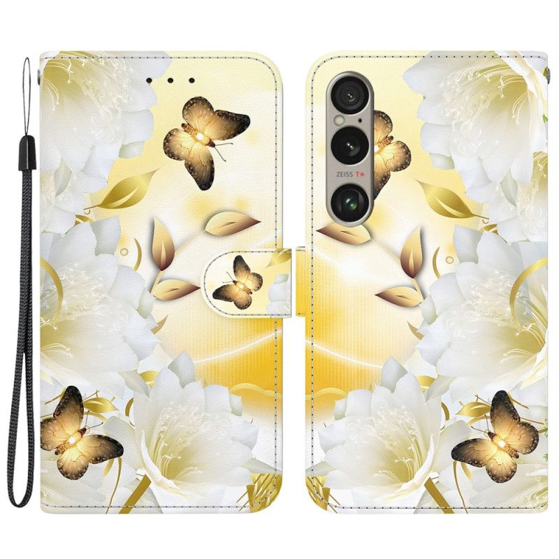 Læder Cover Sony Xperia 1 Vi Telefon Etui Gyldne Sommerfugle Og Hvide Blomster Med Rem