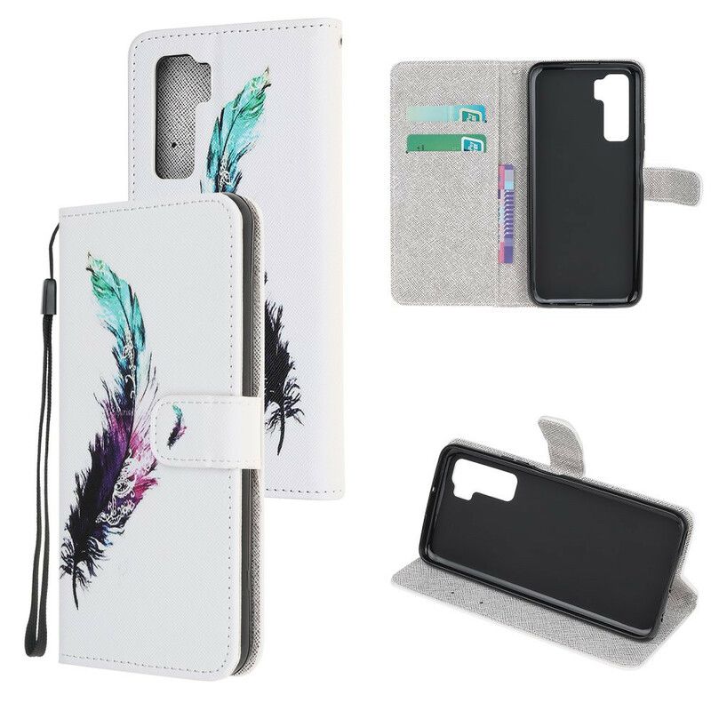 Flip Cover Huawei P40 Lite 5G Med Snor Thong Fjer