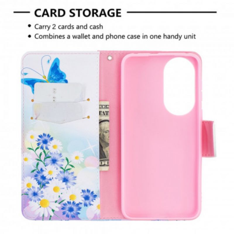 Flip Cover Huawei P50 Malede Sommerfugle Og Blomster